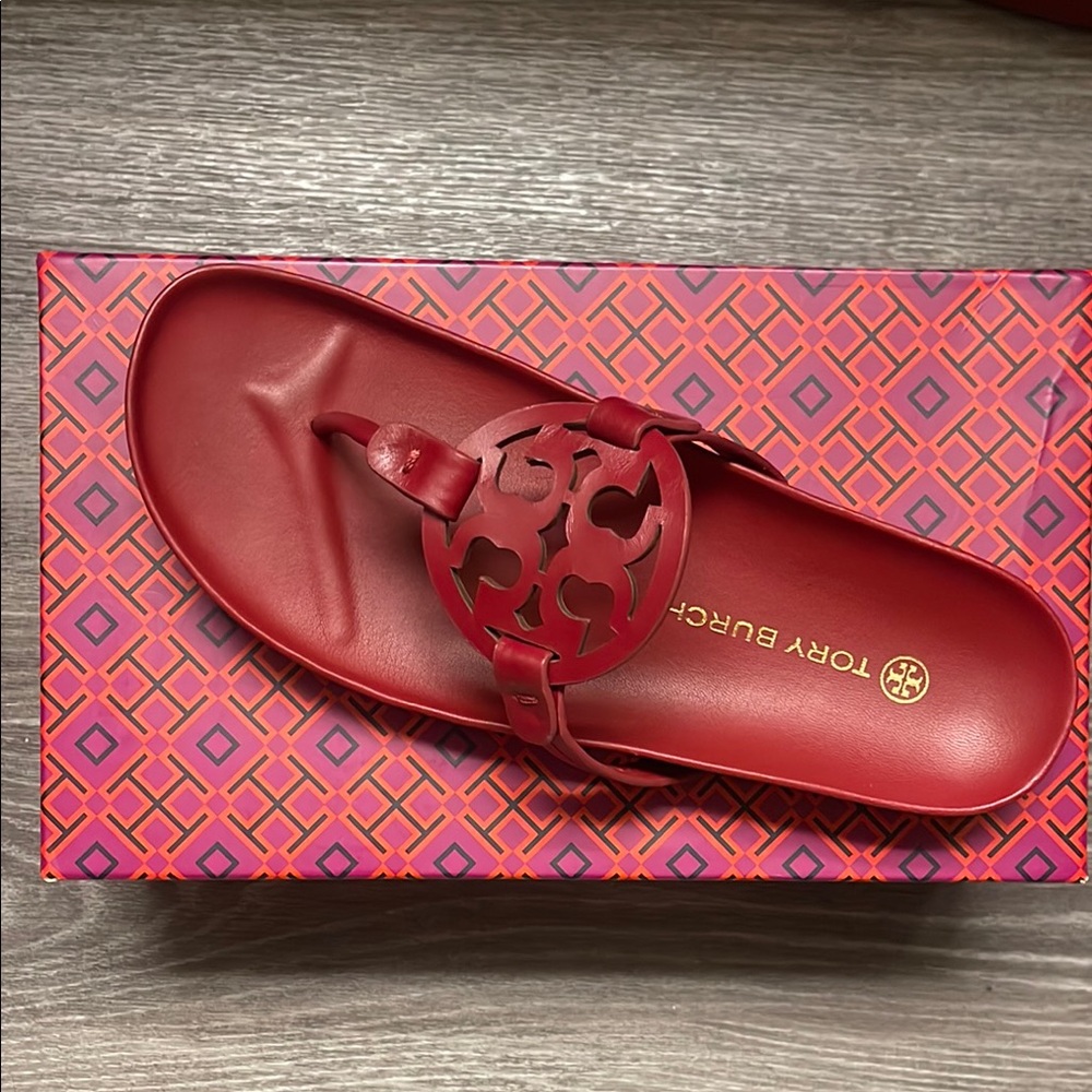 Tory Burch Red Slide Sandals with Bow Detail